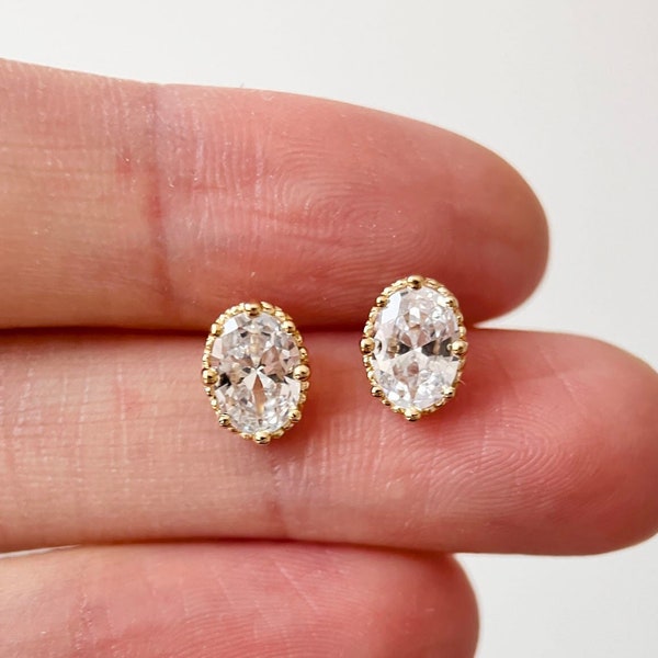 Real Solid Gold Dainty Oval Cut CZ Diamond Dainty Stud Earrings, 9K Solid Yellow Gold Sparkle Simple Vintage Solitaire Earring, Gift for Her