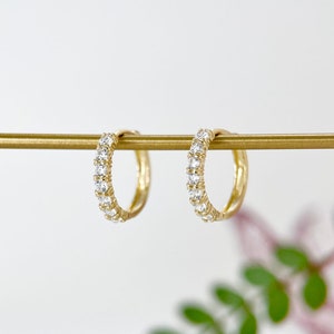 14K Solid Gold CZ Diamond Pavé Setting Small Dainty Hoop Earrings, 1 Pair of  14k Real Yellow Gold Simple Diamond Pave Huggies, Gift for Her