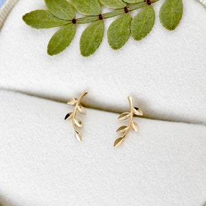 9K Solid Gold Dainty Olive Branch Stud Earrings, Yellow Solid Gold Small Leaf Twig Earlobe Piercing, Bridesmaid Earrings, Gift for Her