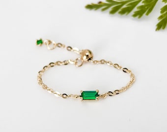 14K Solid Gold Dainty Link Chain Baguette Emerald Stackable Ring, Real Gold Lab-Created Emerald Cable Chain Adjustable Simple Ring