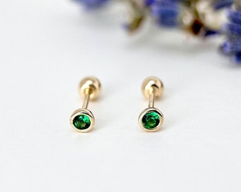 10K Solid Gold Green Gemstone Small Ball Screw Back Stud Earrings, Green Emerald 10K Yellow Gold Cartilage Piercing Helix Stud, Gift for Her