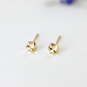 14K Solid Gold Tiny Stud Earrings, 14K Real Gold faceted Sparkle Dainty Stud Earring, Minimalist Small Stunning Piercing Studs, Gift for Her
