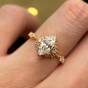 Yellow Gold Vermeil Marquise Moissanite Halo Ring, Vintage Engagement Dainty Ring