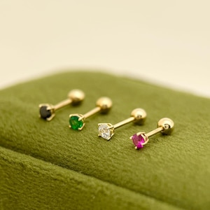 10Kソリッドゴールドの小さなスタッドピアス、ピンク、グリーン、ホワイト、ブラックのCZスクリューボールバックピアス、彼女への本物のゴールドジュエリーギフト