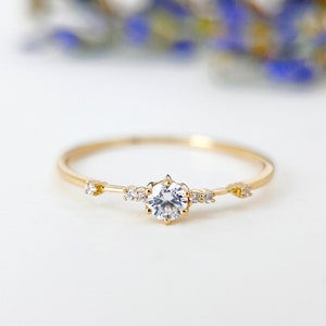 14K Solid Gold Delicate CZ Diamond Stackable Ring, 14K Real Gold Engagement Stacking Ring, CZ Diamond Statement Ring Band, Gift for Her