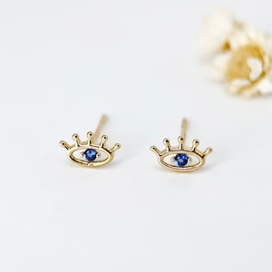 Real Solid Gold Dainty Small Eye Stud Earrings, 9K Solid Gold Evil Eyes Piercing, Pure Gold Tiny Gold Eye Earrings, Gift for Her