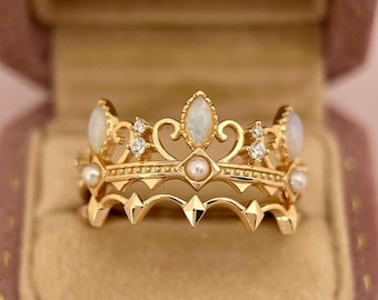 10K Gold Crown Ring Set, Natural Opal, Pearl, CZ Vintage Stacking Rings