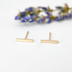 Puede incluir: Un par de pendientes de barra de oro. Los pendientes son simples y minimalistas, con un diseño de barra recta.