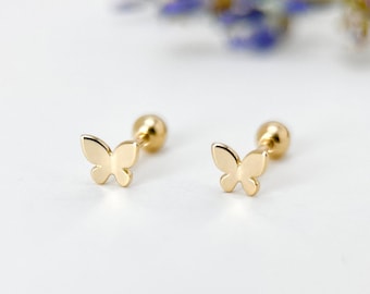 14K Real Solid Gold Dainty Butterfly Screw Back Stud Earrings, 14K Real Gold Small Butterfly Lovely Stud Piercing Earrings, Gift for Her