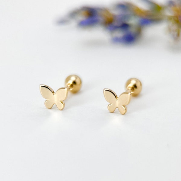 14K Real Solid Gold Dainty Butterfly Screw Back Stud Earrings, 14K Real Gold Small Butterfly Lovely Stud Piercing Earrings, Gift for Her