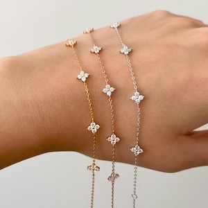 Sterling Silver Tiny Flower Charms Bracelet, Yellow Gold Vermeil Bracelet, Rose Gold Plated Dainty Floral Cable Chain Bracelet, Gift for Her