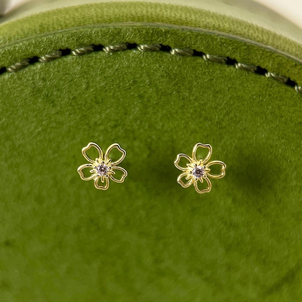 9K Solid Gold Cherry Blossom Stud Earrings,  Dainty Yellow Gold Sakura Flower Earrings, Real Gold Gift for Her