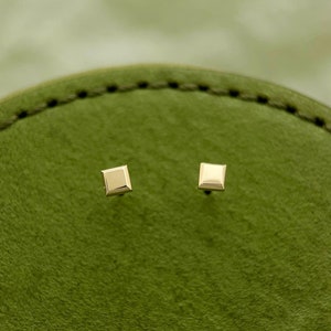 May include: A pair of small, square-shaped gold earrings. The earrings are on a green background.