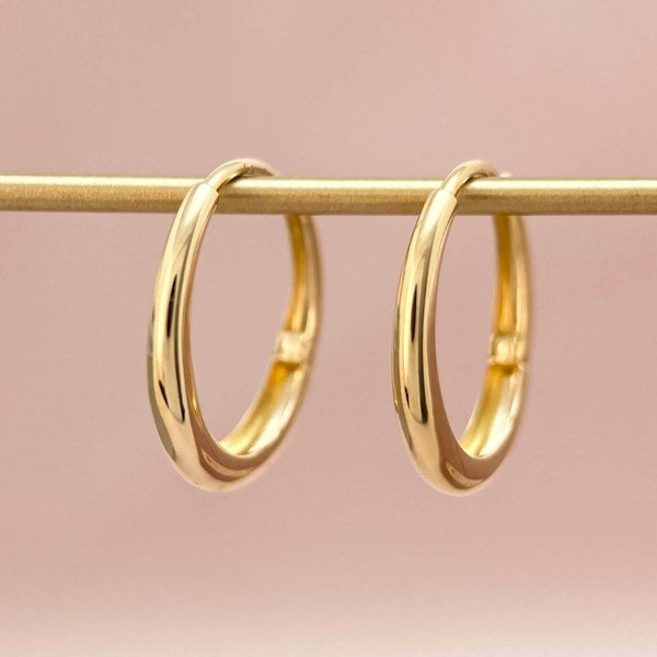Pendientes de aro ovalados sencillos de oro macizo de 14 quilates, par de aros delicados en forma de U de oro amarillo auténtico de 14 quilates, aros pequeños pulidos, joyería de oro auténtico.