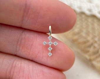 Solid Gold Diamond Cross Pendant, 14K Tiny Gold Cross Necklace Charm, 9K Gold Religious Pendant, Minimalist Christian Jewelry Gift for Her