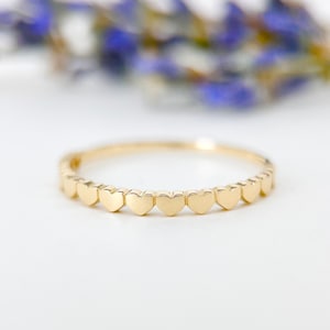 14K Solid Gold Hearts Band Stackable Dainty Ring, 14K Real Gold Hearts Stacking Ring Band, Delicate Small Hearts Simple Ring, Gift for Her