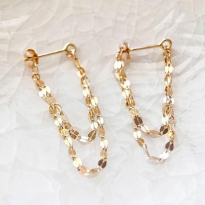 14K Solid Gold Double Chain Drop Earrings, Real Solid Gold Dainty Lip Chains Hoop Earrings, Jewelry Gift for Her