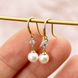 9K Solid Gold Pearl Dangle Drop Earrings, Dainty Yellow Gold White Pearl Cubic Zirconia Earrings, Real Genuine Gold Earrings, Gift for Her