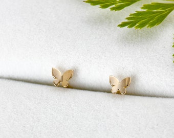 14K Solid Gold Dainty Small Butterfly Stud Earring, 14K Real Yellow Gold Sparkle Simple Butterfly Piercing, Mother's Day Gift for Her