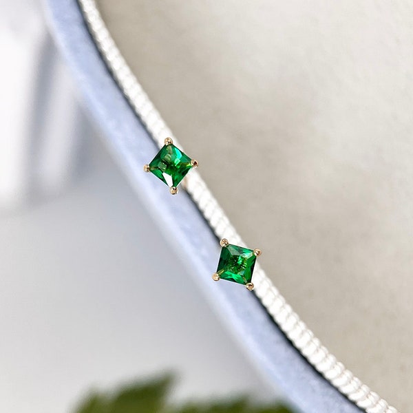 14K Solid Gold Small Square Emerald Stud Earrings, 14K Real Solid Gold Green Emerald Gemstone Minimalist Stud Earrings, Gift for Her