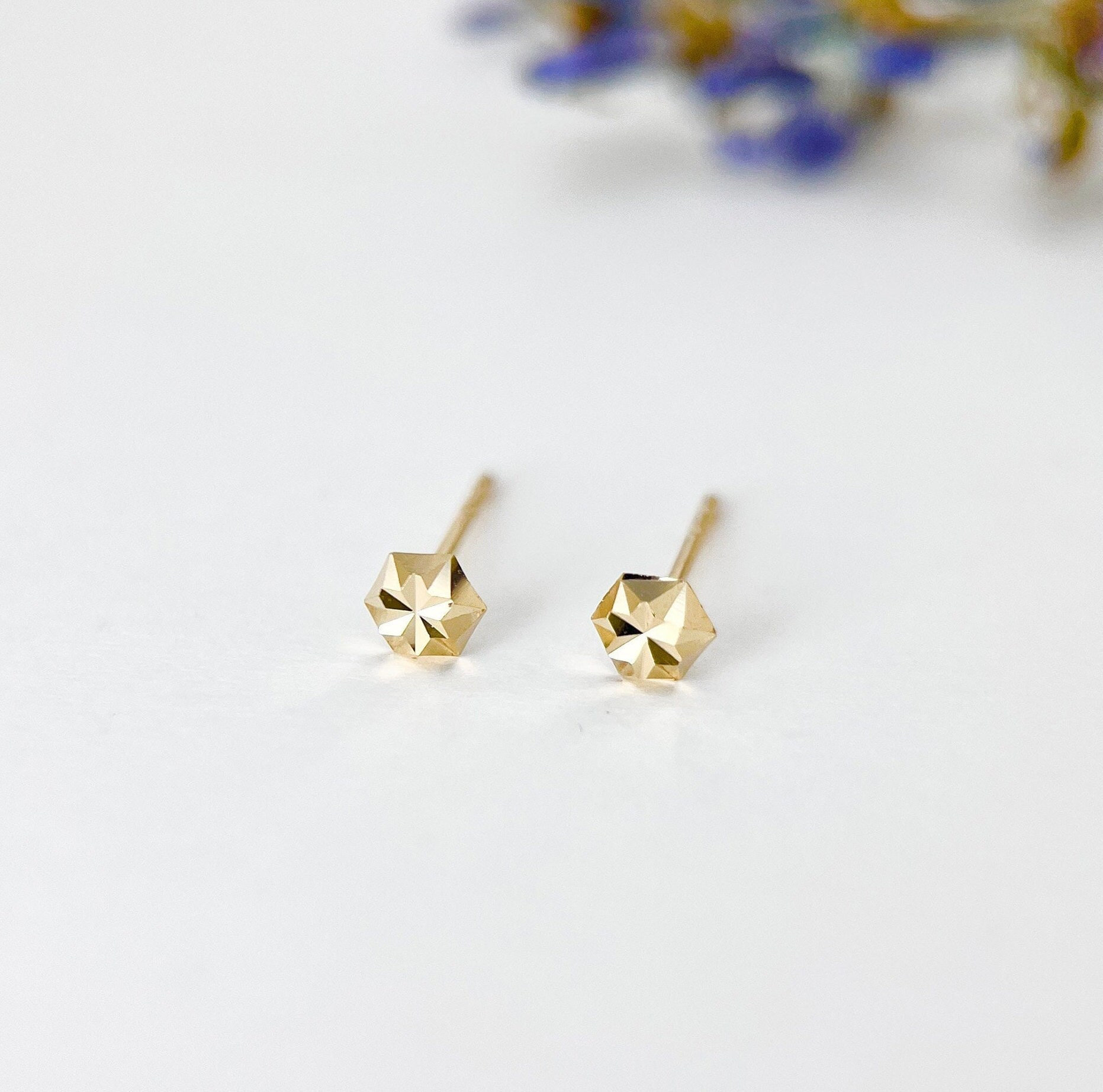 14K Solid Gold Tiny Stud Earrings, 14K Real Gold faceted Sparkle Dainty Stud Earring, Minimalist Small Stunning Piercing Studs, Gift for Her