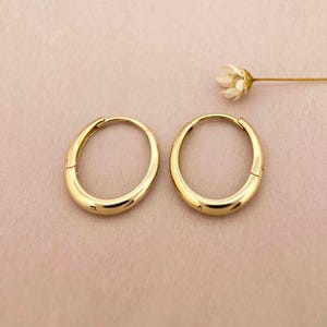 May include: A pair of gold hoop earrings. The earrings are simple and classic, with a smooth, polished finish.