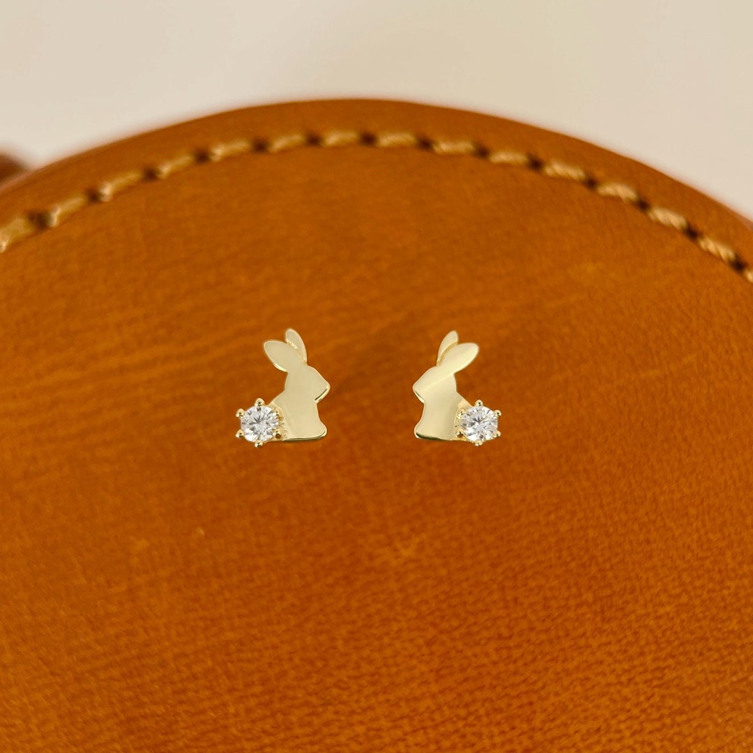 9K Solid Gold Bunny Stud Earrings, Yellow Gold Tiny Lovely Bunny Studs ...