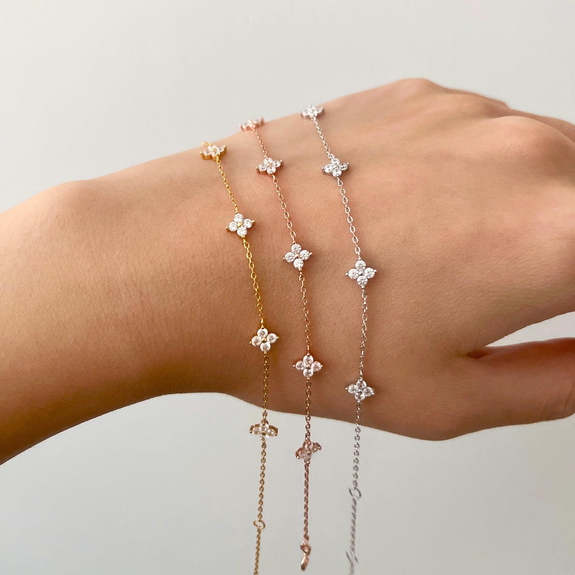 Sterling Silver Tiny Flower Charms Bracelet, Yellow Gold Vermeil Bracelet, Rose Gold Plated Dainty Floral Cable Chain Bracelet, Gift for Her