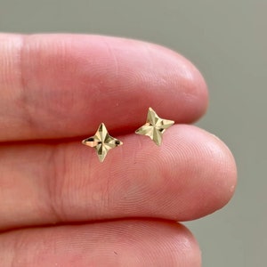May include: A pair of gold star-shaped stud earrings. The earrings are small and delicate, with a faceted design.