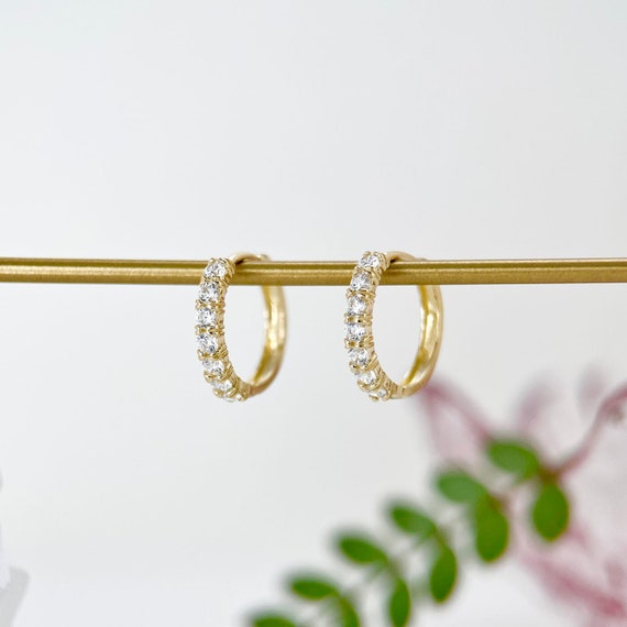 9K Solid Gold CZ Diamond Pavé Hoop Earrings, Real Yellow Gold Huggies