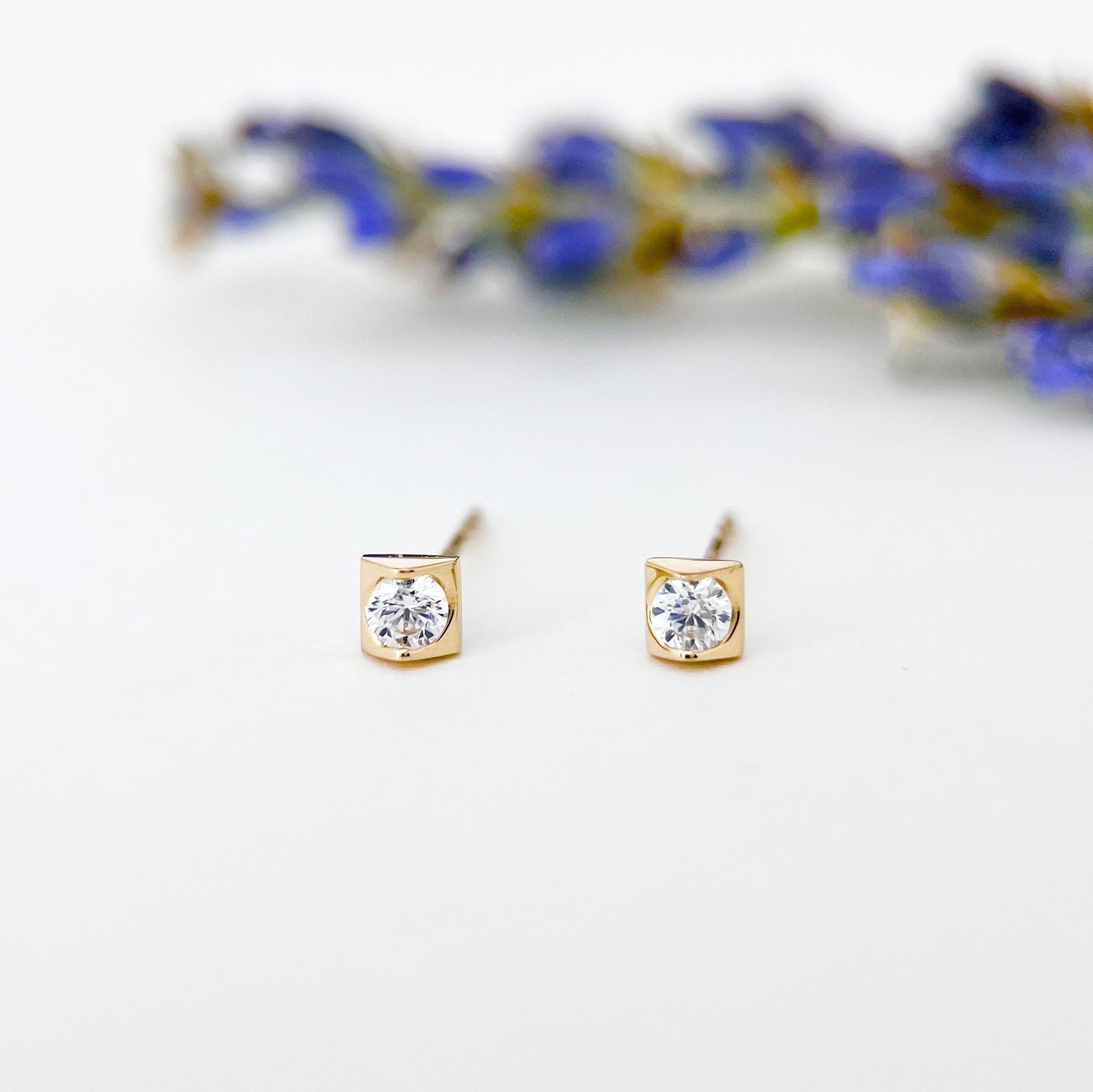 14k Solid Gold Dainty Sparkly Tiny Stud Earrings, 14K Real Gold Small Minimalist Push Back Stunning Stud Earrings, Gift for Her