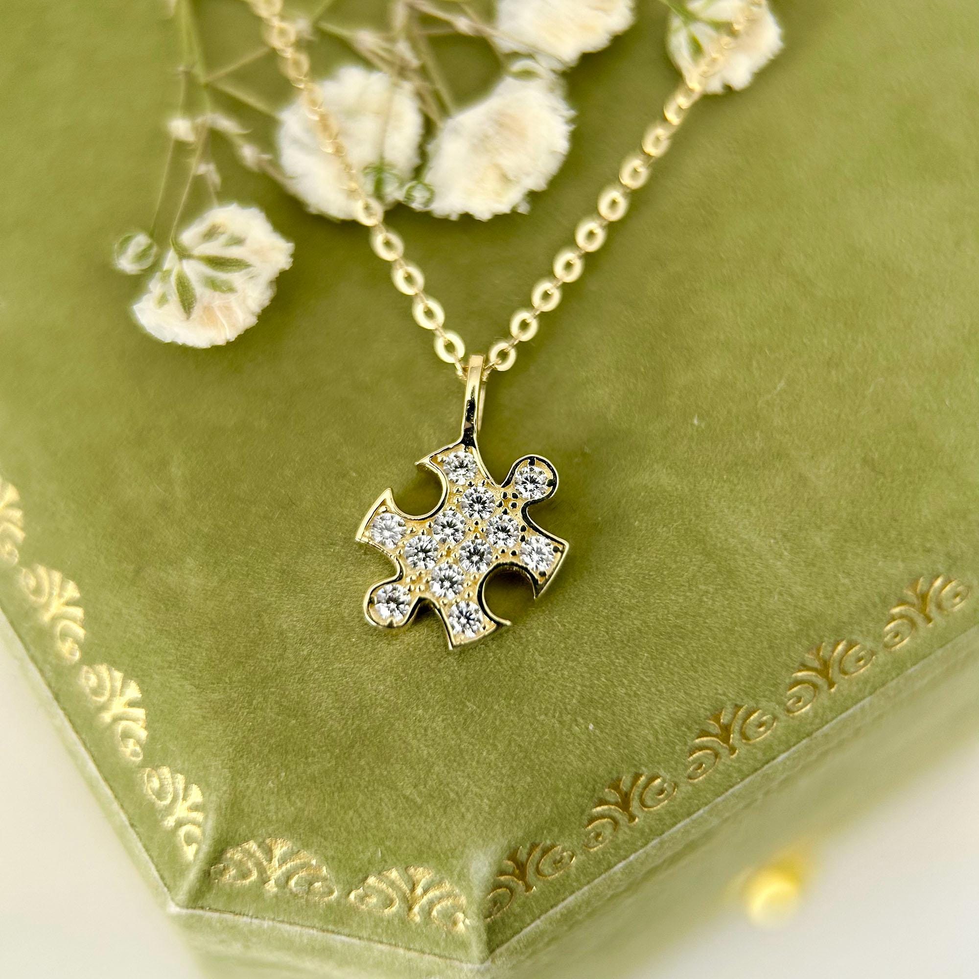 9K Gold CZ Diamond Puzzle Pendant Necklace, Dainty Jigsaw Jewelry