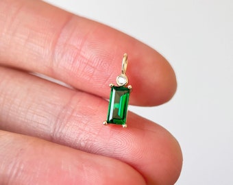 9K massief gouden smaragdgroene hangerketting, baguette gesneden smaragdgroene edelsteenbedel, 14K kabelketting, cadeau voor haar