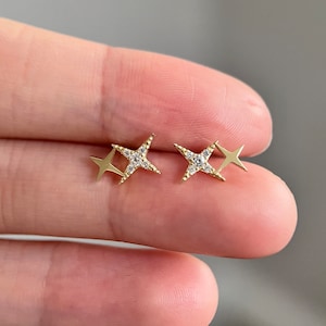 Brincos delicados de ouro maciço 9K com estrelas brilhantes, brincos de estrelas de diamante CZ, estrelas delicadas de ouro real 9K e piercing celestial, presente para ela