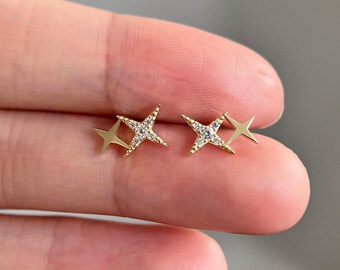 9K Solid Gold Star Stud Earrings, CZ Diamond Celestial Piercing