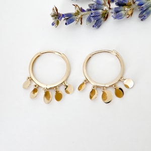 14K Solid Gold Small Round Disc Charms Hoop Earrings, 14K Real Gold Yellow Gold Round Charm Dangle Hoop Earrings, Mother&#39;s Day Gift for Her