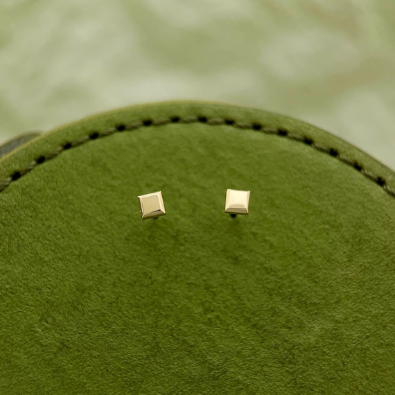 9K Solid Gold Tiny Square Stud Earrings, Minimalist Flat Cubic Studs, Simple Real Gold Earrings, Gift for Her