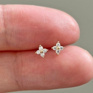 14K Solid Gold Dainty Sparkle Tiny Flower Stud Earrings, Real Solid Gold 14K CZ Diamond Floral Small Earrings, Gift for Her