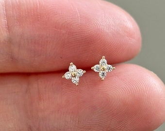 14K Solid Gold Dainty Sparkle Tiny Flower Stud Earrings, Real Solid Gold 14K CZ Diamond Floral Small Earrings, Gift for Her