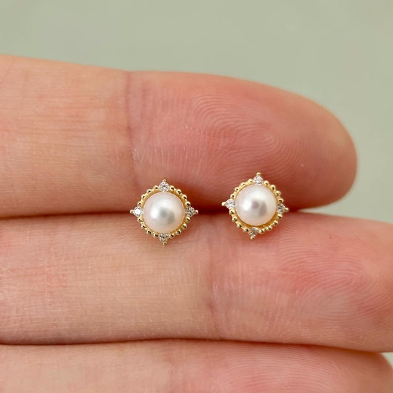 9K Solid Gold Pearl Stud Earrings, Dainty Yellow Gold Cubic Zirconia White Pearl Studs, Real Gold Jewelry Gift for Her