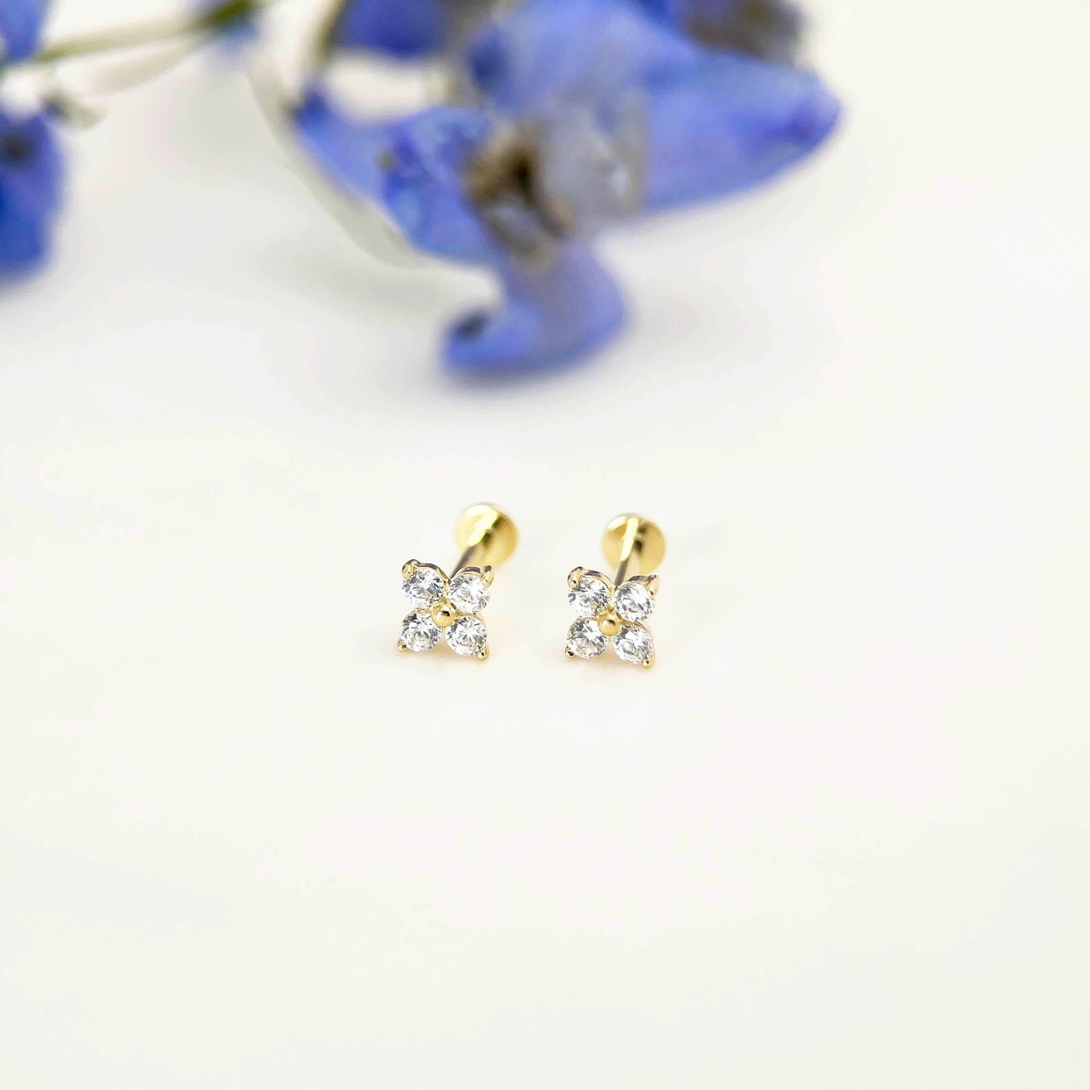 14K Solid Gold Flower Flat Back Cartilage Stud Earring, Yellow Gold Internal Threaded Labret Conch Piercing, Helix Tragus Floral Small Studs