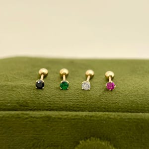 10K Solid Gold Tiny Screw Ball Back Earrings, Small Diamond Stud Earrings,  Emerald Green Earrings, Pink Studs, Black Piercing, Gift for Her