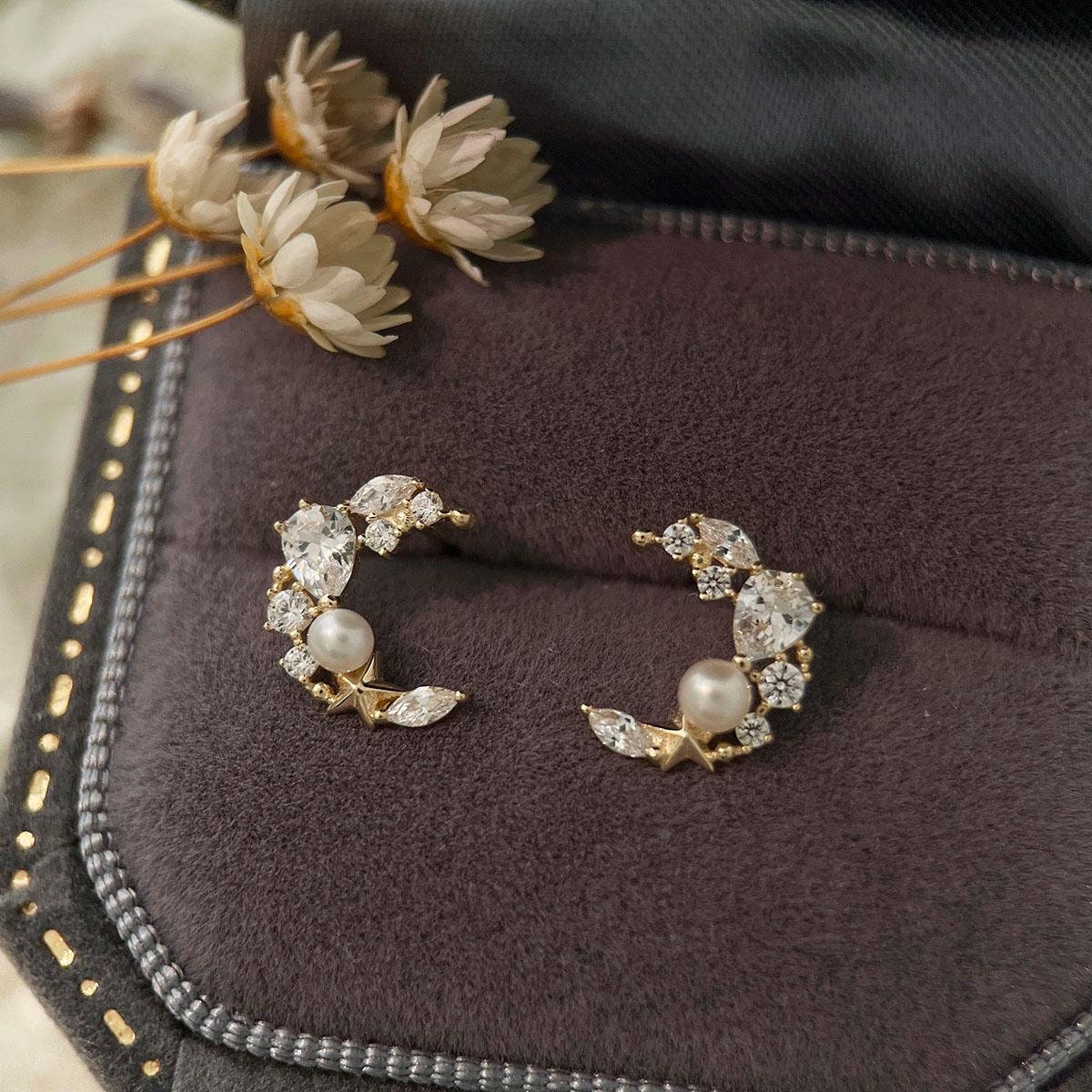 9K Solid Gold Crescent Moon Stud Earrings, Real Pearl Dainty Elegant Moon Shaped Studs