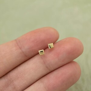 May include: A pair of small, square-shaped gold earrings.