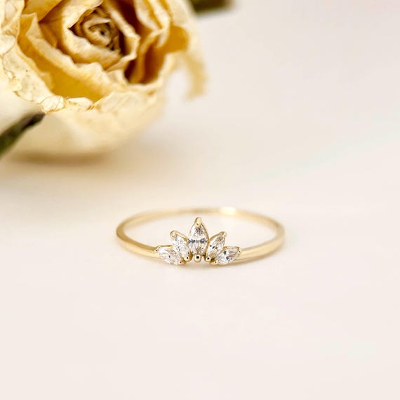 9K Sold Gold Marquise Cubic Zirconia Stackable Ring, Real Genuine Gold Stackable Ring, Yellow Gold Stacking Ring, Gift for Her