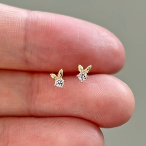 14K Real Solid Gold Tiny Bunny Stud Earring, 14K Yellow Gold Sparkle CZ Diamond Dainty Stud Earrings, Small Rabbit Piercing, Gift for Her