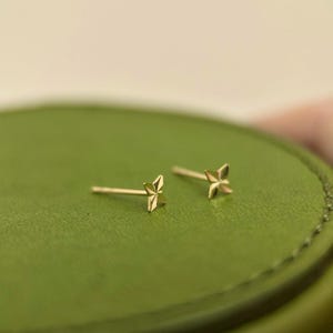 May include: A pair of small, gold-colored stud earrings. Each earring features a four-pointed star design. The earrings are displayed on a green surface, with a soft focus background.