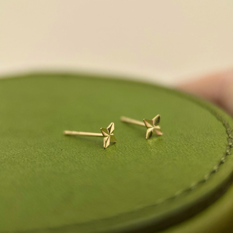 May include: A pair of small, gold-colored stud earrings. Each earring features a four-pointed star design. The earrings are displayed on a green surface, with a soft focus background.
