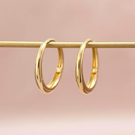 14K Solid Gold Simple Oval Hoop Earrings, Pair of 14K Genuine Yellow Gold Dainty U shaped Hoops, High-Polished Huggies, Real Gold Jewelry