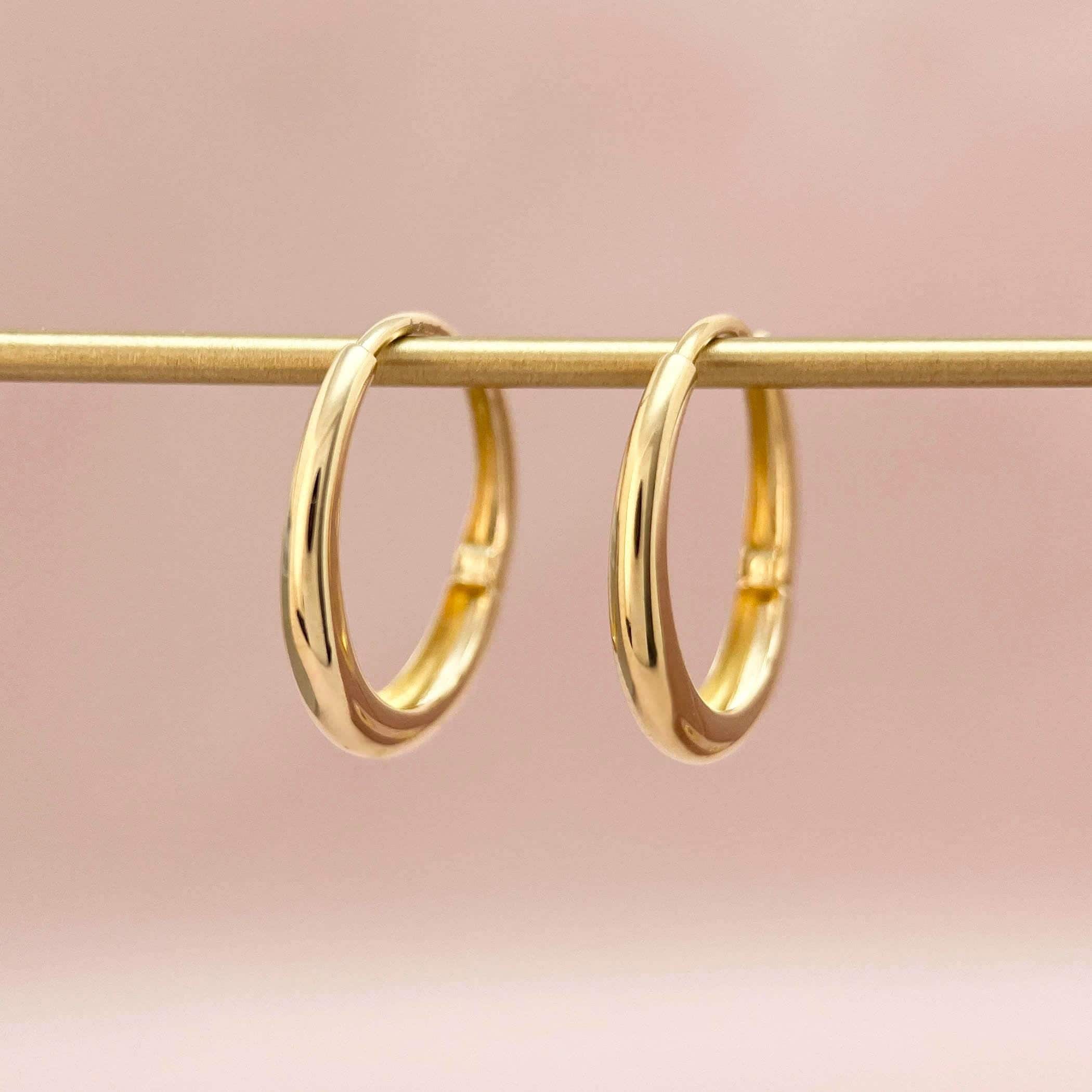 14K Solid Gold Simple Oval Hoop Earrings, Pair of 14K Genuine Yellow Gold Dainty U shaped Hoops, High-Polished Huggies, Mother’s Day Gift